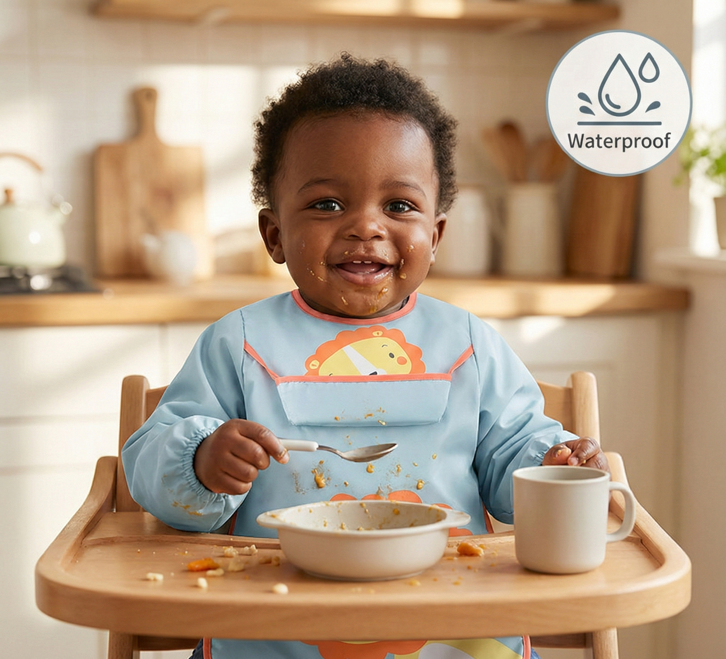 Long Sleeve Baby Smock Bib - Waterproof Pongee & TPU Protective Feeding and Art Apron - Adjustable Tie-Back fits 1-3 Years (Size 100)