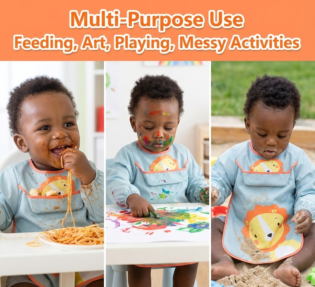 Long Sleeve Baby Smock Bib - Waterproof Pongee & TPU Protective Feeding and Art Apron - Adjustable Tie-Back fits 1-3 Years (Size 100)